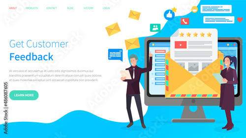 Rating on customer service concept. Five stars rating on paper letter in open envelope. People working with website for rating and review on monitor. Colleagues discuss customer support feedback