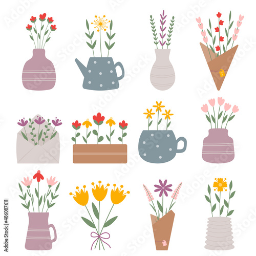 Big collection of cute spring garden flowers, bouquets in vase, pot, ceramic cup and craft paper. Illustration for floristic cards, gift tags, 8 of March and Easter decor, wedding gifts, invitation.
