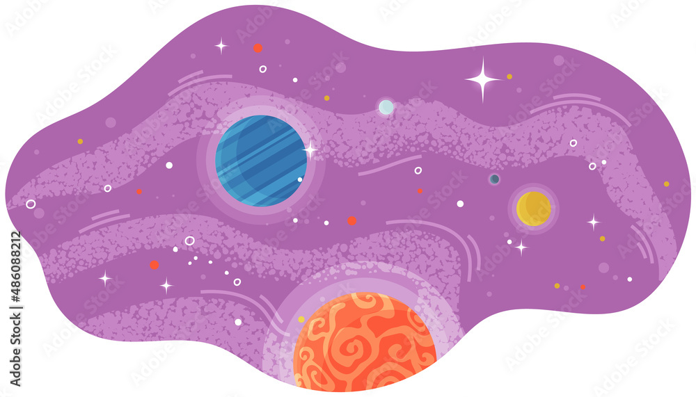 Solar system of planets with large and small celestial bodies flying in space. Colored spheres and meteorits in blue sky. Flat fantastic vector illustration with planets and stars cartoon cosmic scene