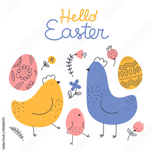 Hello Easter poster. Spring holiday greeting card