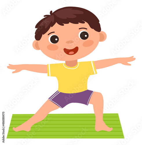 Kid morning workout. Healthy happy boy exercise