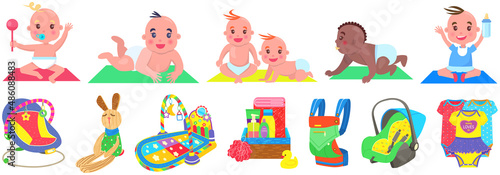 Multinational children, kids playing, baby care objects, newborn items supplies, set of icons. Toys, clothes, devices for transporting, bathing of babies. Babies in diapers crawling, smiling © robu_s