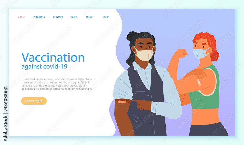 Fototapeta premium Stop coronavirus agitation concept. Vaccination promo, immunization of workers. Vaccine saves lives. People wearing protective mask showing their arm with bandage after receiving covid-19 vaccine