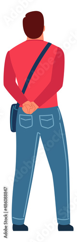 Male back view. Standing man flat character