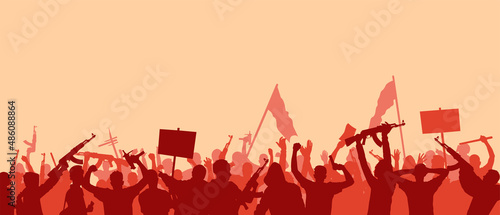 A crowd of people are protesting. Silhouette of a protesting crowd. Protesters with weapons in their hands. Terrorists with guns in their hands. Panoramic vector illustration. EPS 10.