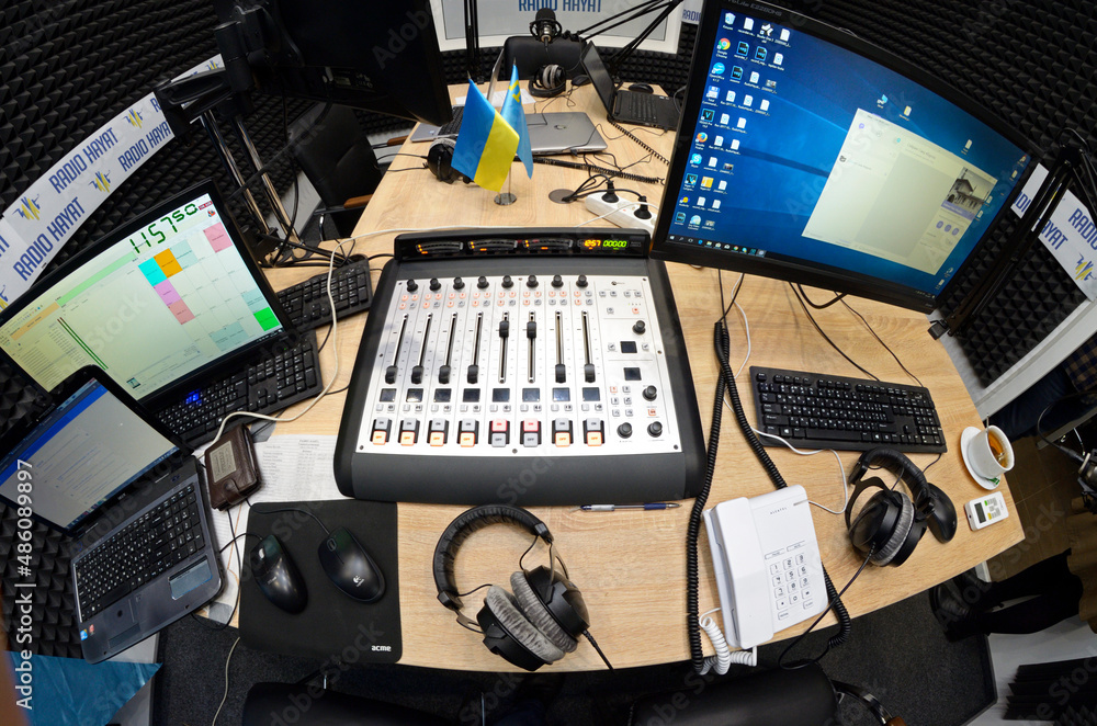 Interior of a radio studio with equipment set for broadcasting Stock