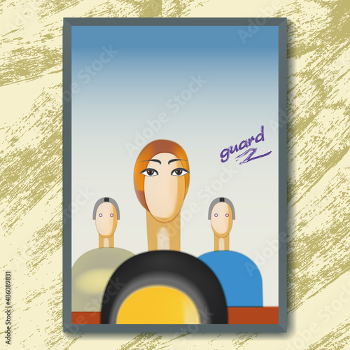 A stylistic painting by a Soviet artist from the early 20th century, spoiled by a security guard. Painted eyes, three figures