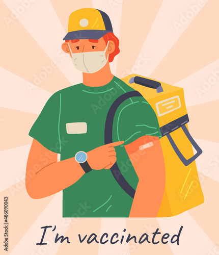 Stop coronavirus agitation concept. Vaccination promo, immunization of workers. Vaccine saves lives. People wearing protective mask showing their arm with bandage after receiving covid-19 vaccine