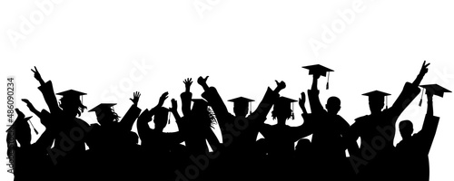 Cheerful graduate students with academic caps, silhouette. Graduation at university or college or school. Vector illustration.