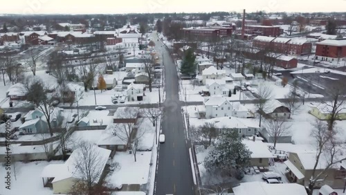 aerial of small town on a snowy day in Kentucky