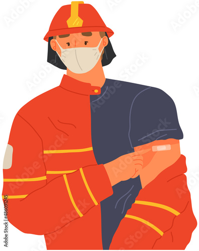 Stop coronavirus agitation concept. Vaccination promo, immunization of workers. Vaccine saves lives. People wearing protective mask showing their arm with bandage after receiving covid-19 vaccine