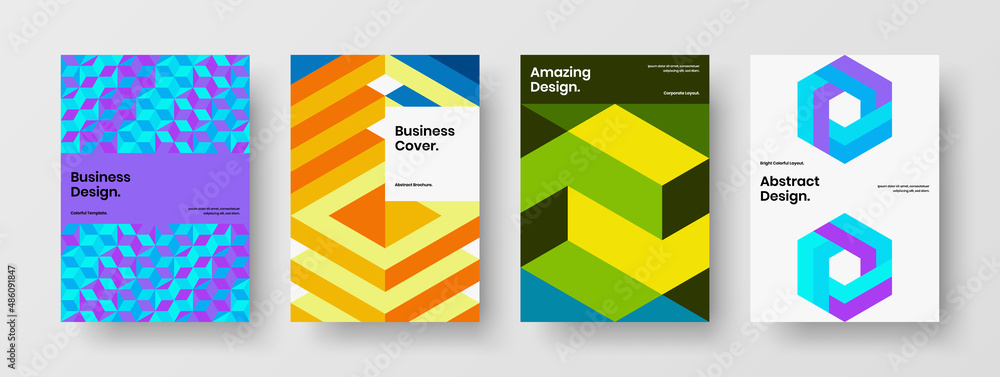 Clean geometric pattern brochure concept set. Simple company identity design vector illustration composition.