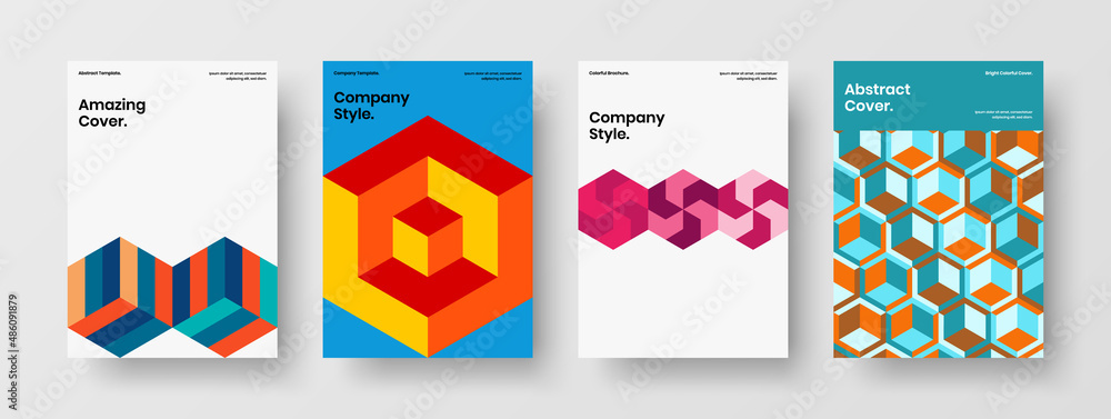 Unique mosaic shapes leaflet template collection. Colorful company brochure A4 vector design illustration composition.