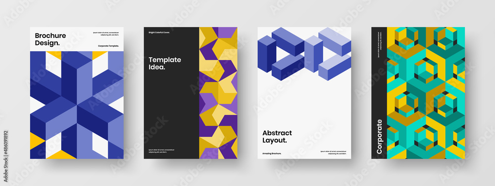 Unique geometric shapes catalog cover layout composition. Abstract placard vector design concept set.
