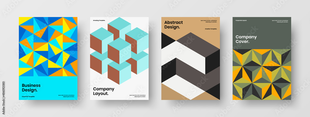 Vivid mosaic pattern presentation concept bundle. Premium pamphlet vector design illustration set.