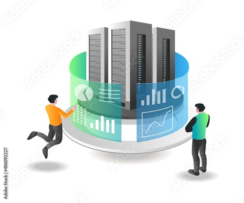Isometric illustration concept. The team is analyzing server data and security