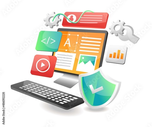 Isometric illustration concept. Web application maintenance and designing