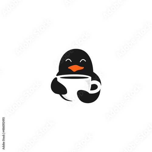 Cute penguin hugging a cup of coffee mascot logo