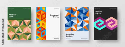 Colorful book cover vector design illustration collection. Trendy geometric hexagons front page layout bundle.