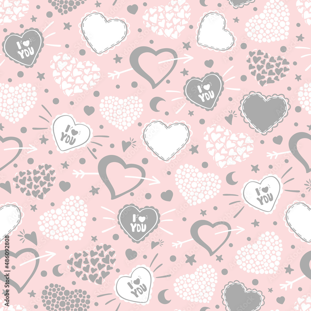 Valentine's Day hand drawn seamless pattern of cute hearts shape with stars, moon, text. Romantic doodle sketch vector. Decorative illustration for greeting card, wallpaper, wrapping paper, fabric