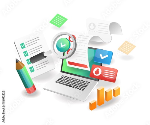 Isometric illustration concept. Creative paper data analysis on computer
