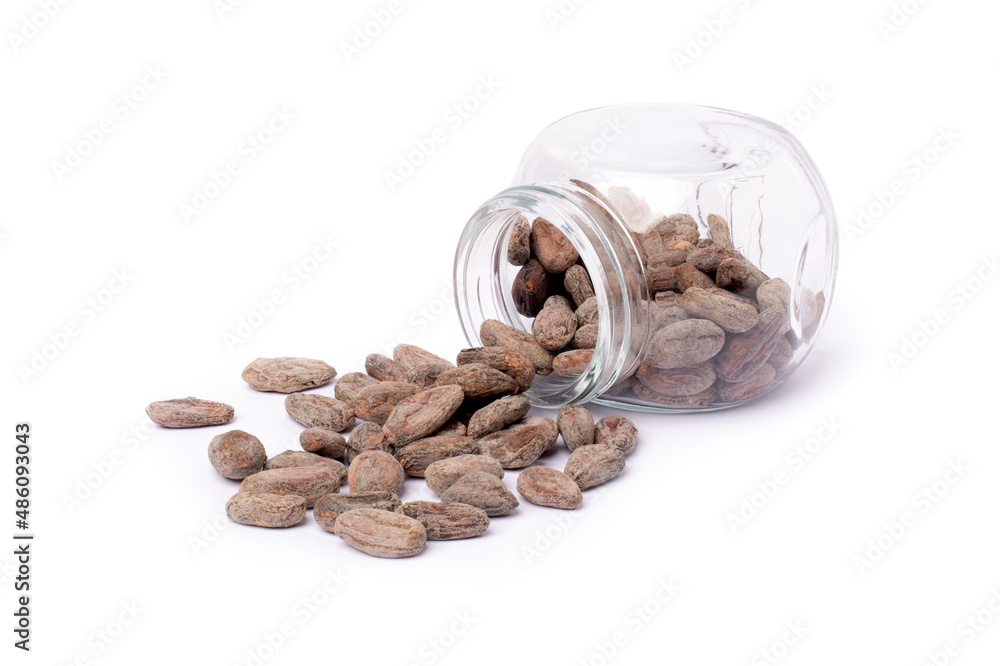 Cocoa bean (Cacao beans) in glass bottle isolated on white background. Cocoa bean (Cacao beans) in glass bottle isolated on white background.