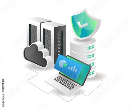 Isometric illustration concept. Analytics cloud server data and security