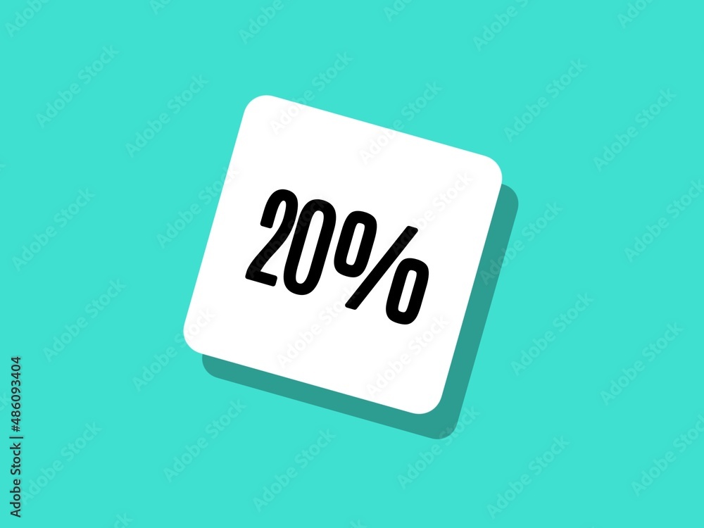 20% on a white sticker. Discount banner. Turquoise background. Twenty per cent. Promotion card. Offers ad.