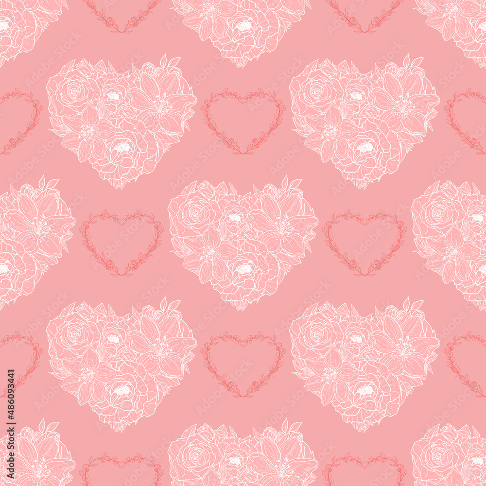 Hand drawn seamless pattern of openwork hearts of flowers and leaves. Floral Valentines day. Spring romantic ornament. Decorative illustration for greeting card, wallpaper, wrapping paper, fabric Hand drawn seamless pattern of openwork hearts of flowers and leaves. Floral Valentines day. Spring romantic ornament. Decorative illustration for greeting card, wallpaper, wrapping paper, fabric