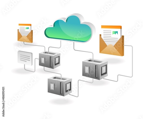 Isometric illustration concept. network data cloud server