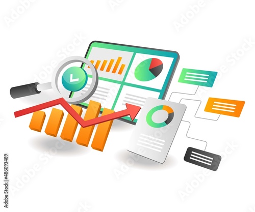 Isometric illustration concept. Network analysis seo optimization