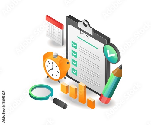 Isometric illustration concept. Investment business analyst work plan