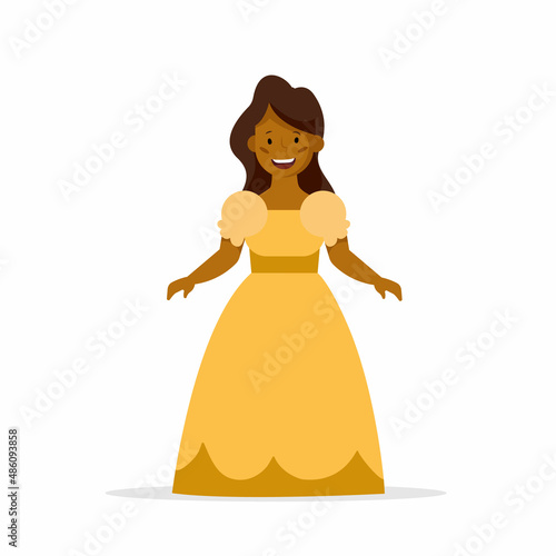 African princess isolated on white background. Princess character in dress. Fairytale with cinderella princess. Vector stock