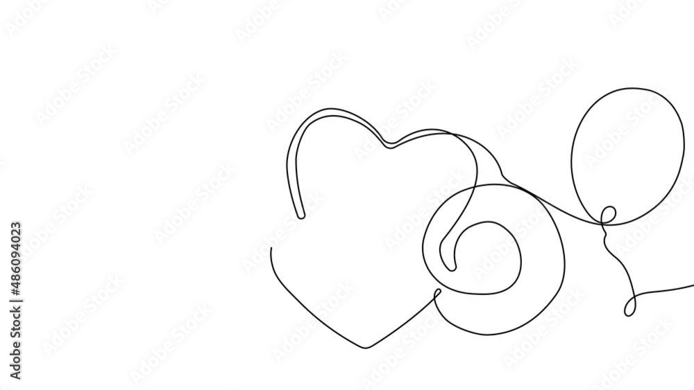 Continuous one line drawing of romantic creative composition. Happy Valentine's Day. Festive decorative objects, heart shaped balloons and cute cupid as symbol Valentine's Day. Outline minimal concept Continuous one line drawing of romantic creative composition. Happy Valentine's Day. Festive decorative objects, heart shaped balloons and cute cupid as symbol Valentine's Day. Outline minimal concept