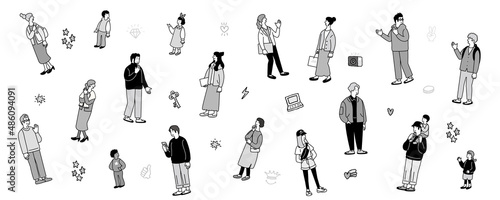 沢山の人々のイラストイメージ　モノクロカラー
