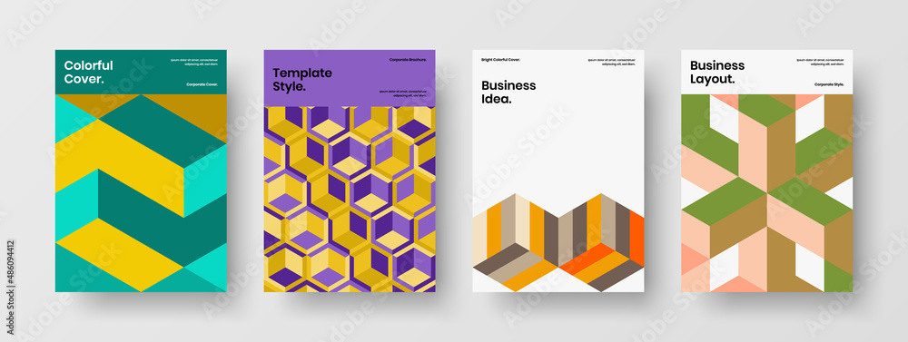 Creative geometric shapes pamphlet layout collection. Colorful catalog cover design vector concept bundle.