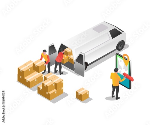 Isometric illustration concept. Van loading and unloading expedition team