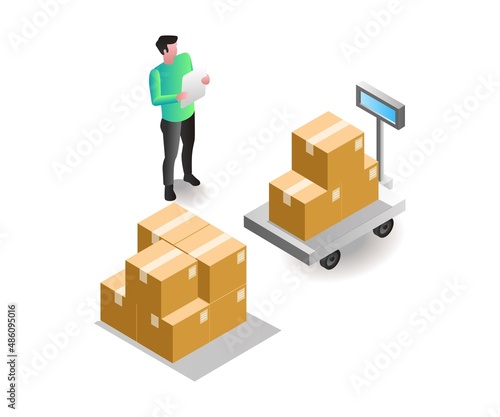 Isometric illustration concept. Man weighing goods in warehouse