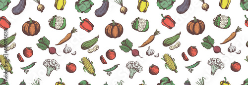 Fototapeta Naklejka Na Ścianę i Meble -  Hand drawn vegetables seamless pattern. Vegan food background in sketch style.
