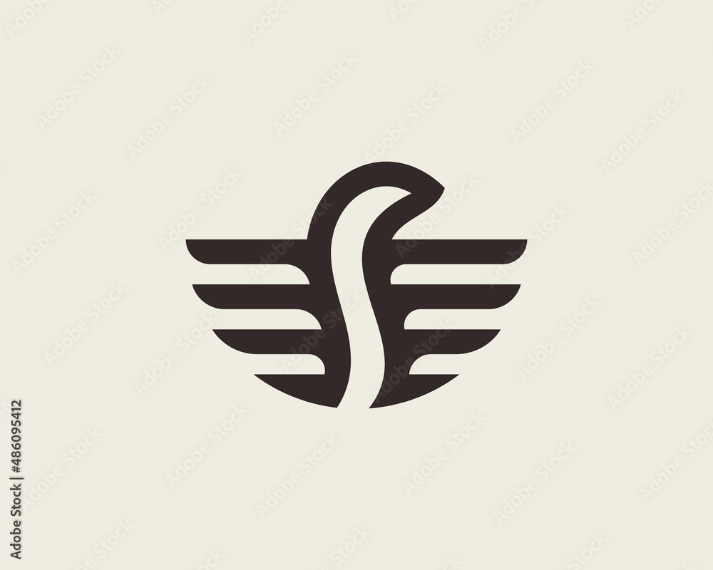 Fototapeta premium Abstract bird logo design template in minimalist style. Universal eagle falcon hawk vector logotype.