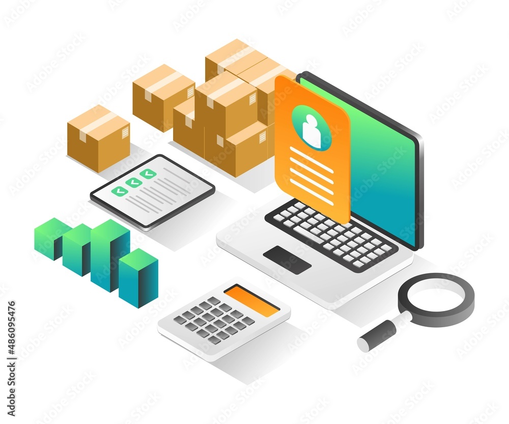 Isometric illustration concept. Computer data delivery of goods Isometric illustration concept. Computer data delivery of goods