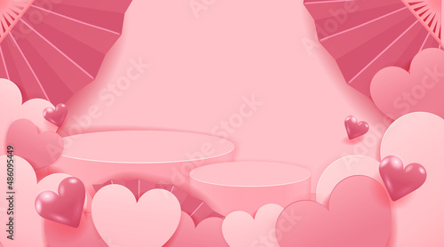 Valentine's Day Concept. Paper cut style heart shape. Podium design.