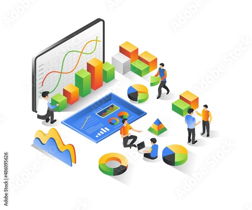 Illustration of isometric concept. Education of data analysis and investment business