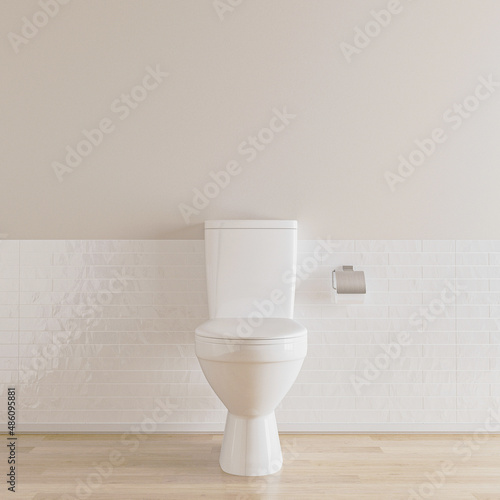 white toilet bowl in empty room with white tile, 3d illustration