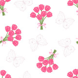 Floral background. Bouquets of pink tulips and butterflies. Seamless pattern with flowers. Vector spring illustration. Cartoon flat style.