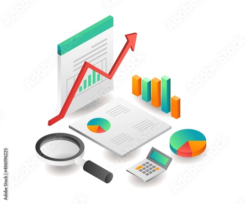 Illustration isometric concept. Investment business audit analyst data search
