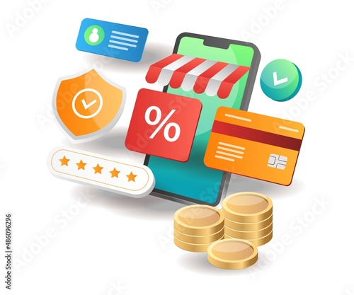 Illustration isometric concept. Get cashback from online shopping