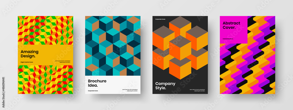 Bright corporate brochure vector design template set. Colorful mosaic pattern book cover layout bundle.