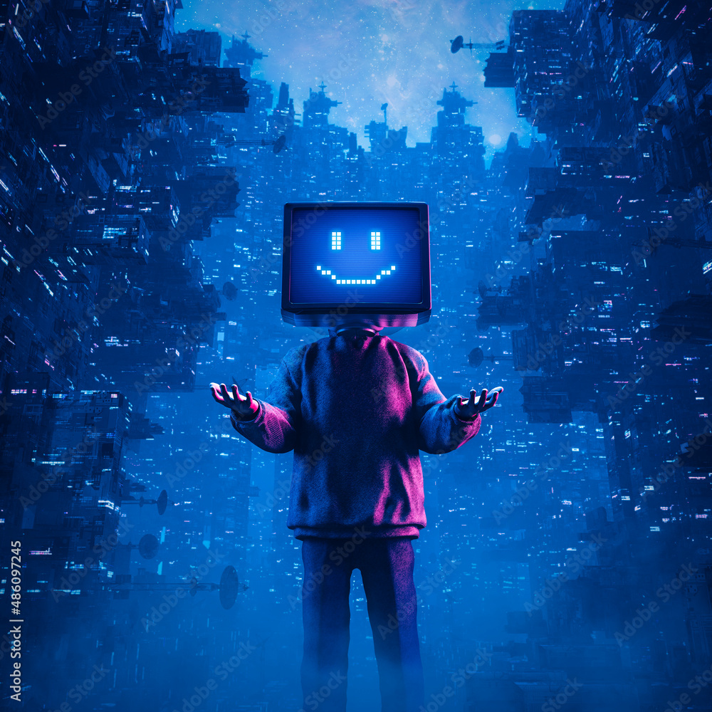 Gamer monitor head smiley media concept - 3D illustration of hoodie wearing character with smiling computer display face standing in futuristic cyberpunk city - obrazy, fototapety, plakaty 