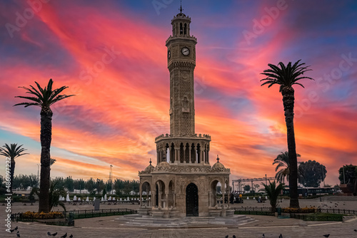 Izmir Clock Tower in Konak square. Famous place. Sunset colors